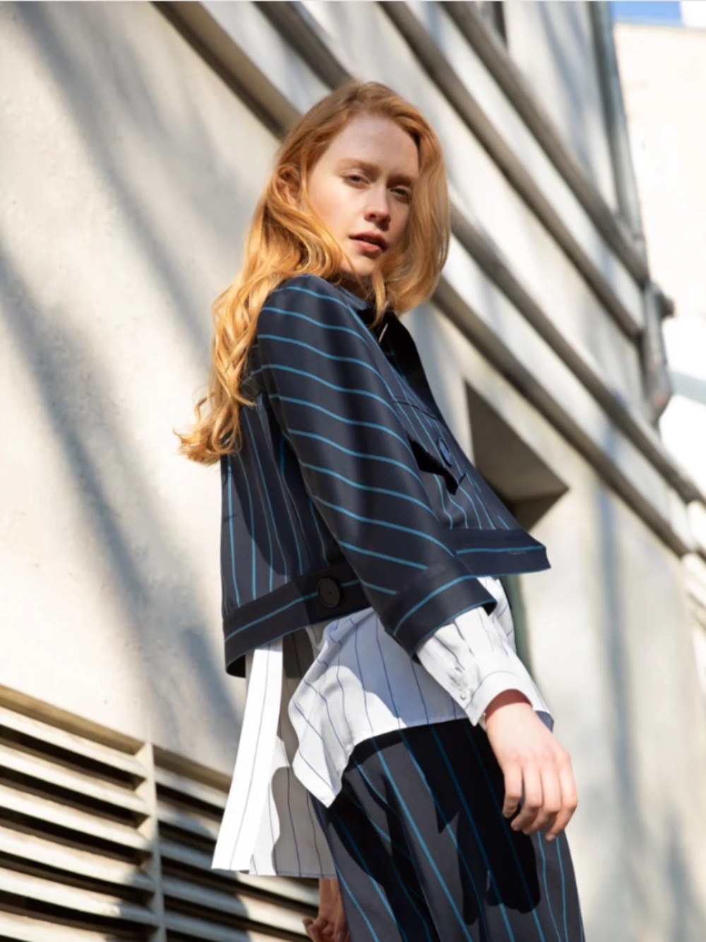 Cop. Copine Fulu Outwear Navy Blue Striped Cropped Fully Lined Blazer Jacket M